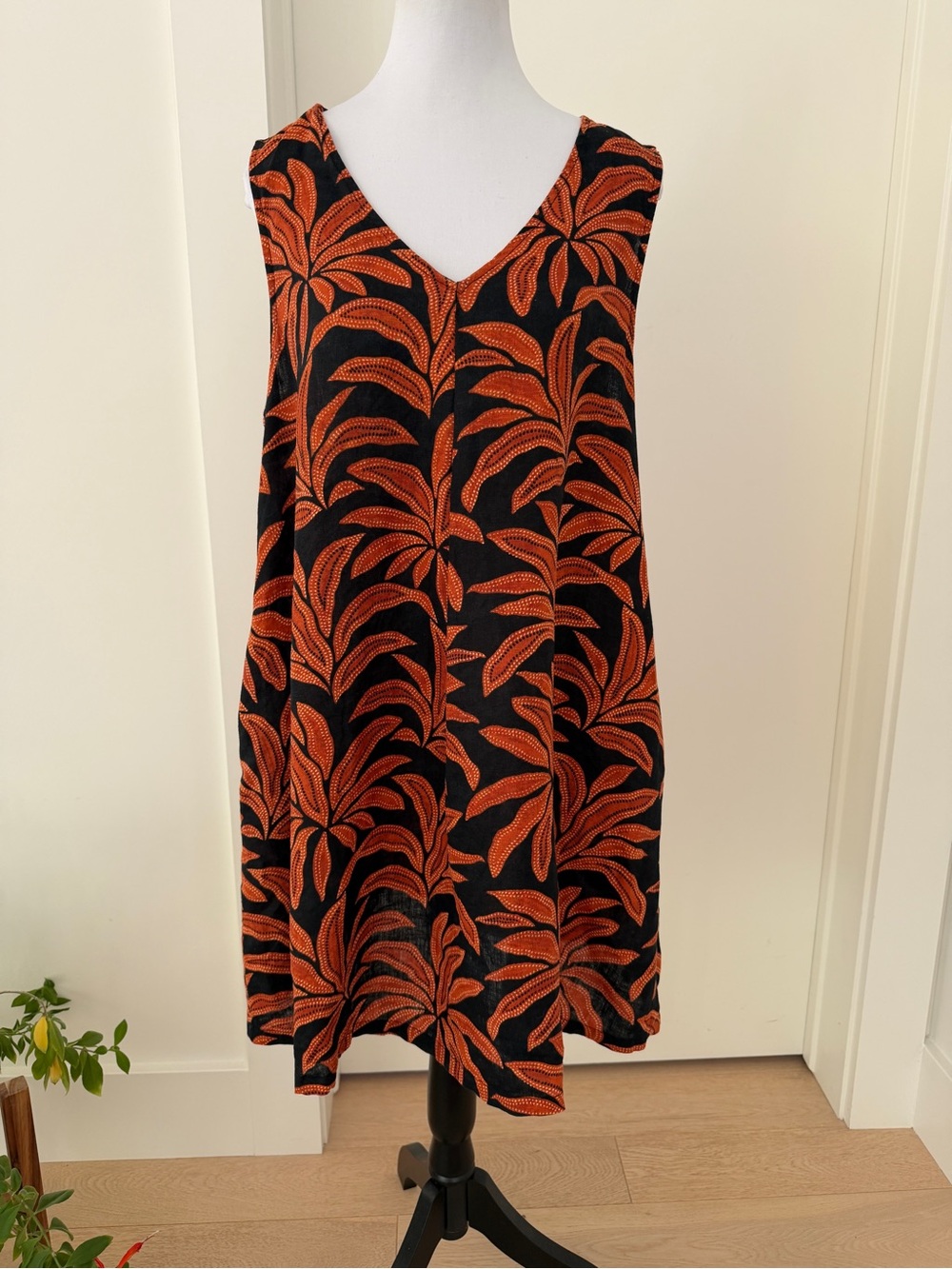 RACHEL ZOE Dress 100% Linen A-Line Sleeveless Tropical Leaf Print Resortwear